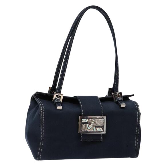 FENDI Mamma Baguette Shoulder Bag Canvas Navy Silver - Picture 1 of 13